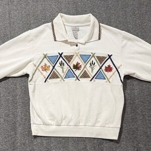 Vintage 90’s Fall Leaf Embroidered Polo Sweater Size Small